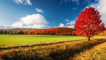 Fototapeta premium vibrant red maple tree surrounded by colorful foliage in an autumn landscape field