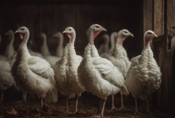 Obraz premium Group of six domestic geese standing indoors near a wooden wall with soft lighting