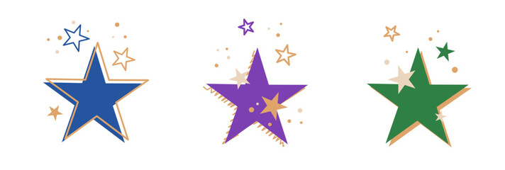 Three star decorations, vector sticker for decorating postcards and holiday designs, graphic blinks with dots and line decorations.