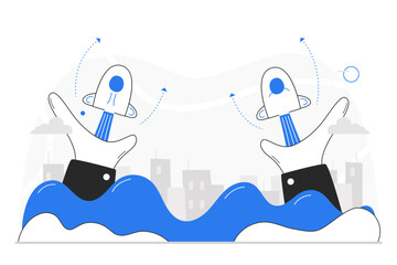 Two hands hold and launch rockets into the sky. The concepts of innovation, competition, and reaching for goals within business or startup. Clouds enhance upward movement. Vector illustration.