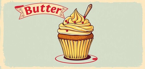 Whimsical vintage-style butter cupcake illustration on a retro bakery poster,  cream,  cake