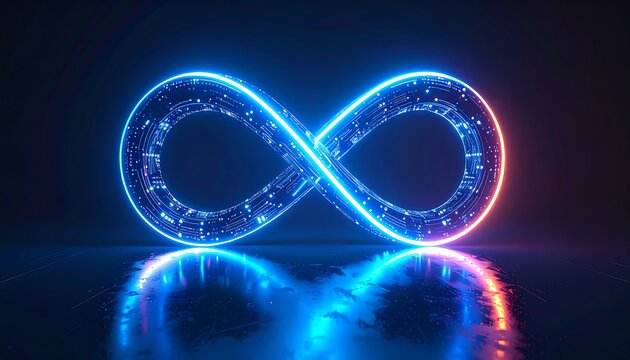 Illuminated Infinity Symbol Standing on a Reflective Surface, Futuristic Symbol of Infinity with Cyberpunk Lighting and a Mirrored Reflection