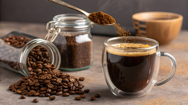 Spoon pouring instant coffee granules into a double-walled glass cup with roasted coffee beans scattered around