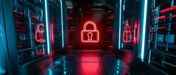 A secure server room with glowing red lock symbols. Digital security concept in a futuristic data center environment. - Powered by Adobe