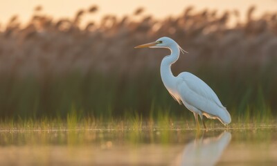 Fototapeta premium White heron at dawn, tranquil water