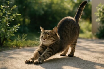 Cat stretching in sunlight outdoors.