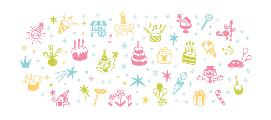 Set of childish whimsical colorful crayon scribbles. Kid cute line doodle happy birthday background with confetti, firework, stars. Celebration cake with candles, gift box, funny clown and animals