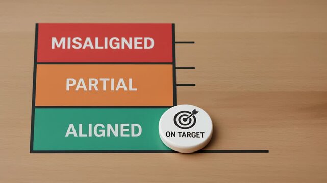 Hand placing token labeled target within aligned, misaligned, and partial sections of business chart illustrating target alignment strategy