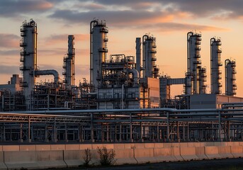 Obraz premium A large industrial complex at dawn, showcasing tall metal structures and pipelines against a warm sunset sky.