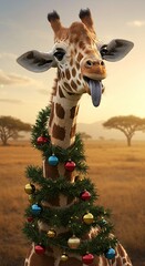 Generative AI ultra-realistic funny looking giraffe's neck decorated like a Christmas tree, could be useful as a postcard