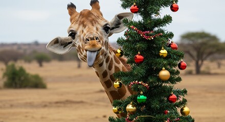 Generative AI ultra-realistic giraffe is hiding behind a Christmas tree and sticks her tongue out at the camera, could be useful as a postcard