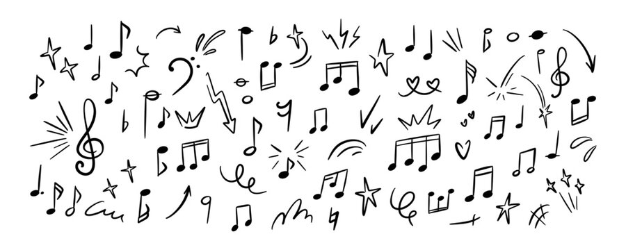 Handwritten music symbols, notes, keys doodle set. Hand drawn melody crayon icons. Whimsical vector illustration. Twinkle, star, confetti, glitter, motion, movement comic effects. Crayon scribbles