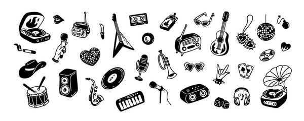 Set of retro music hand drawn doodle elements. Vintage vinyl player, disco ball, musical instruments. Hand with microphone. Punk, rock, jazz festival. Vector illustration in sketch style