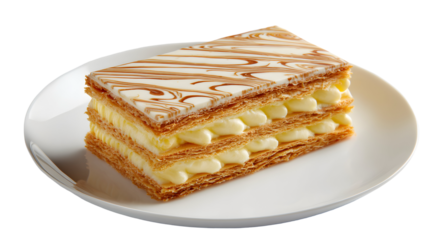 A classic Mille-feuille pastry. Layers of crispy puff pastry alternate with rich pastry cream, topped with signature marbled icing. An elegant dessert.