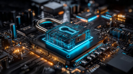 Glowing blue padlock on a computer chip which in turn on an electronic motherboard. 3D illustration of the concept of cybersecurity and online data protection