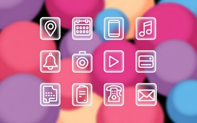 Naklejka premium Collection of modern white outline icons on a colorful bokeh background