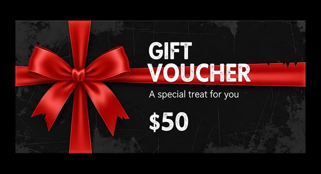 Elegant gift voucher design featuring a vibrant red ribbon and bow, with text. - Powered by Adobe