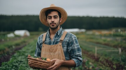 Young Farmer Holding Basket with Fresh Produce in Green Field