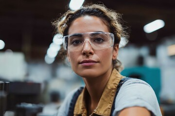 Focused Female Worker in Factory Setting with Safety Glasses and Tools
