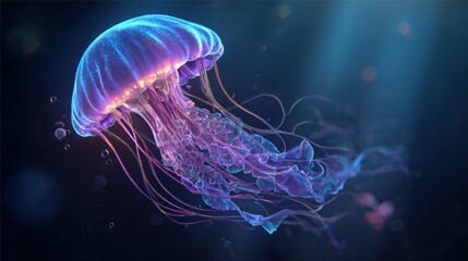 Vibrant bioluminescent jellyfish gracefully drifts through the dark ocean depths with ethereal glowing tentacles