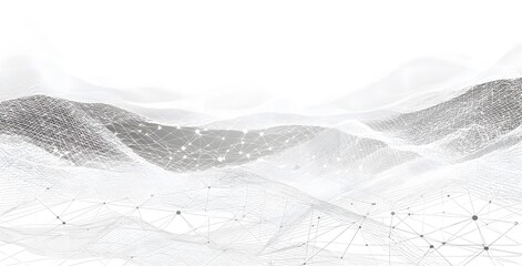 White mesh lines on a white background, a 3D rendering of a digital technology network with a polygonal grid and dots in a perspective view, 