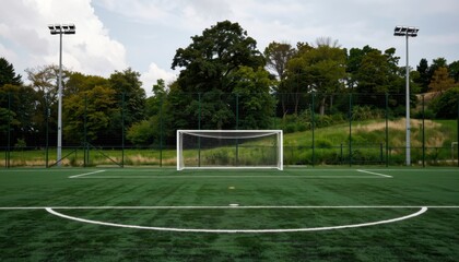 Obraz premium Exciting soccer match play urban field sports action green turf wide angle thrilling competition