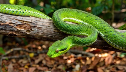 Fototapeta premium Captivating green snake slithering on a branch in lush forest nature photography close-up view