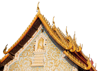 Traditional Thai temple architecture in Bangkok with a decorative golden roof and ancient doors
