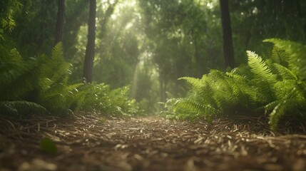Sunlit forest pathway surrounded by lush green ferns and tall trees