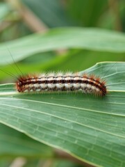 Fototapeta premium Caterpillar crawling on green leaf forest macro photography natural habitat close-up insect life