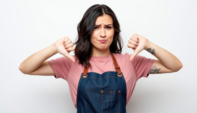 Disappointed woman expressing displeasure indoor studio portrait neutral background frontal view emotion representation