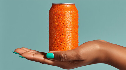 女性がオレンジの飲料缶を手に持ちチャコール背景で見せる