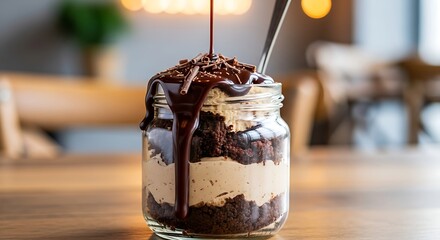 Pouring melted chocolate sauce over a layered cream and cake dessert in a jar.
