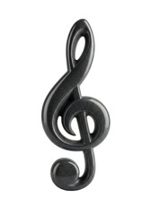 A singular treble clef sculpted from dark, polished river stone, minimalist and curved, isolated on a white background with soft studio light, concept of serene harmony and natural beauty