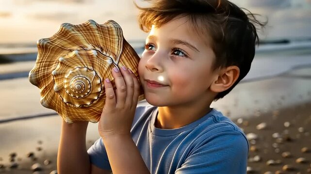Young boy joyfully holding a large seashell at the beach during sunset, waves gently crashing nearby