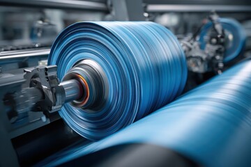 Fototapeta premium A blue synthetic material rolls on factory machine spindle. Illustrates manufacturing process, engineering and high-tech.