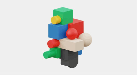 Obraz premium A colorful abstract arrangement of geometric shapes including cubes, cylinders, and spheres, balanced precariously on a white background.