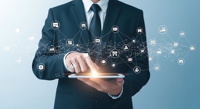 A person in a dark suit holds a tablet, interacting with a network of digital business icons.