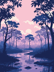 Dark Forest Silhouette with Sunset Sky