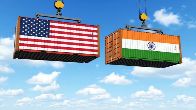United States of America Vs India Tariff conflict concept 4K Footage with Container and blocks along waving flags. Business, trade, tariff war.