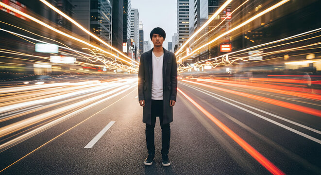 Man standing still in a fast-moving city, a concept for the pace of modern life and finding calm in chaos