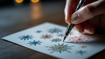 Hand drawing snowflakes on handmade Christmas card