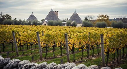 A sprawling vineyard in autumn, featuring rows of golden leaves and traditional trulli buildings in the distance.