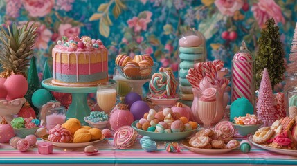 Colorful Christmas dessert table with candy and cake