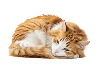 Fluffy, disheveled ginger and white calico cat with long, shaggy fur and bright blue eyes, curled tightly on a transparent background with soft studio lighting, embodying serene feline comfort