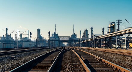 Fototapeta premium Industrial complex alongside railway tracks stretches into the clear horizon.
