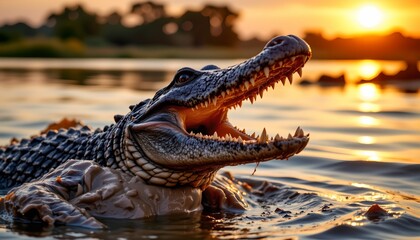 Obraz premium An alligator captured in motion amidst water, with its mouth open, possibly indicating a feeding action or movement through water