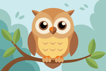 Obraz premium A wise cartoon owl couple with hearts sits on a tree branch, a cute animal illustration for a love card