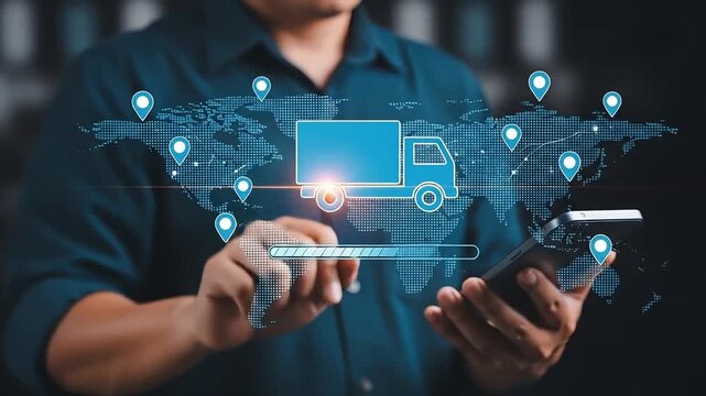 Person interacting with digital world map and truck concept for global delivery