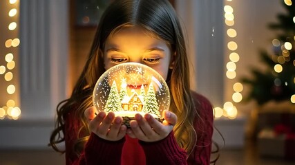 Young girl in a cozy room holding a glowing snow globe, surrounded by festive decorations and lights - Powered by Adobe